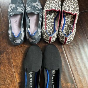 3 Pairs Rothy's The Loafer - bundle of 3 in Black, Camo, and Leopard, size 7.5